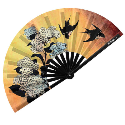 Hydrangea and Swallow by Hokusai Rave Bamboo Folding Hand Fan / Clack Fan - Large