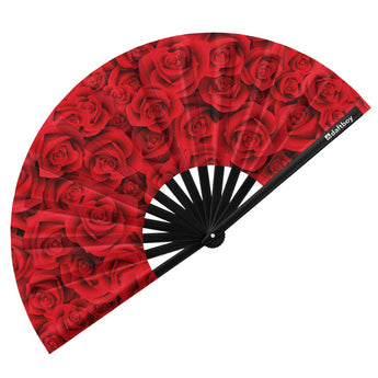 Red Roses Rave Bamboo Folding Hand Fan / Clack Fan - Large - Daftboy