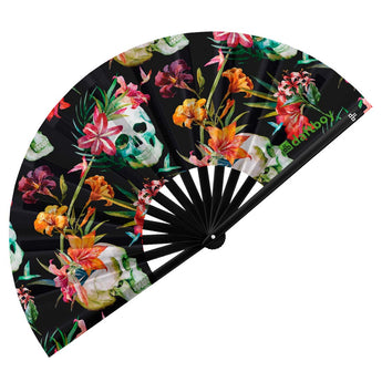 Skulls And Flowers Rave Bamboo Folding Hand Fan / Clack Fan - Large - Daftboy