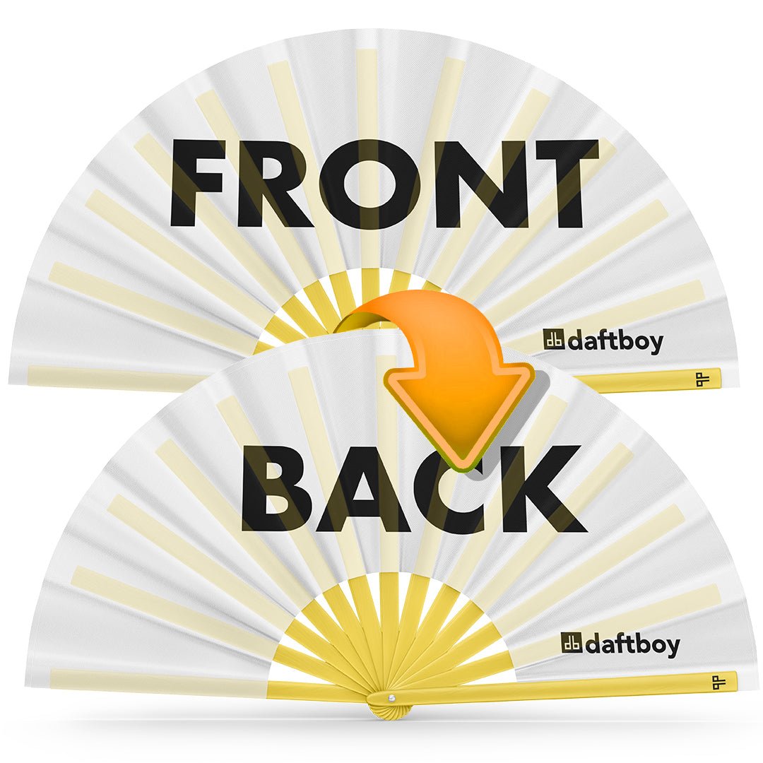 A double-sided Daftboy custom fan, front and back