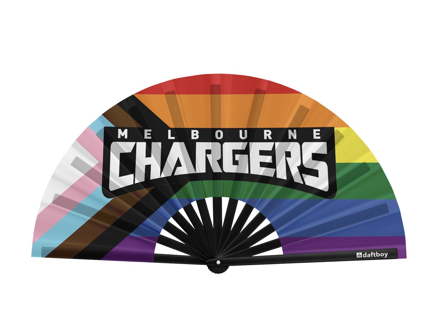 A custom Daftboy team fan for the Melbourne Chargers rugby club in Pride colors