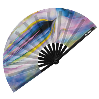 Grey Lines with Black, Blue and Yellow by Georgia O'Keeffe Rave Bamboo Folding Hand Fan / Clack Fan - Large