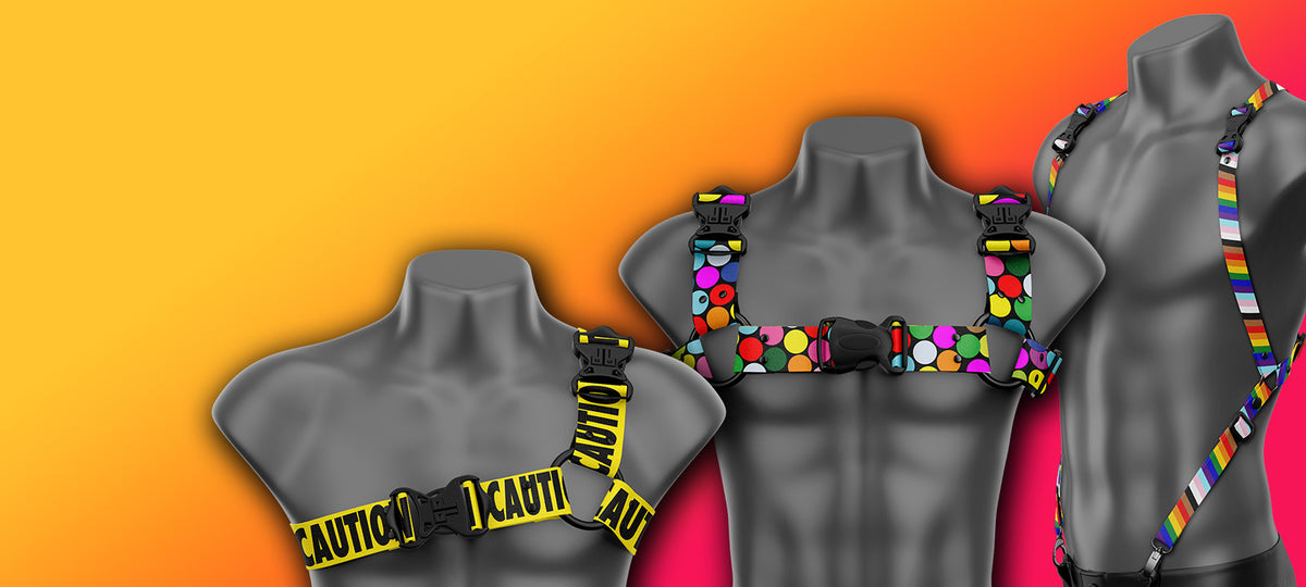 Daftboy fashion chest harnesses: Caution Tape asymmetrical, bulldog and Pride suspender harness vest