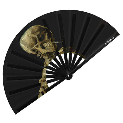 Skull of a Skeleton with Burning Cigarette by Vincent van Gogh Rave Bamboo Folding Hand Fan / Clack Fan - Large