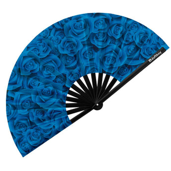 Blue Roses Rave Bamboo Folding Hand Fan / Clack Fan - Large - Daftboy