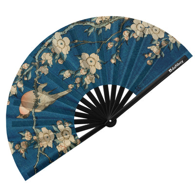 Bullfinch and Weeping Cherry by Hokusai Rave Bamboo Folding Hand Fan / Clack Fan - Large