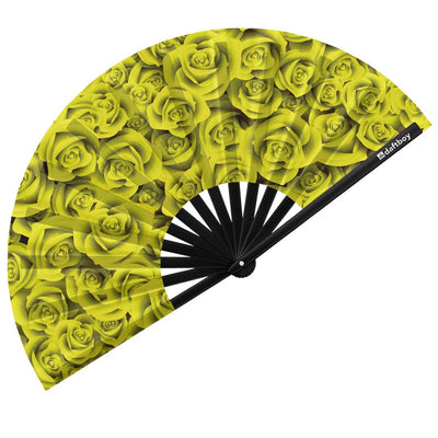 Yellow Roses Rave Bamboo Folding Hand Fan / Clack Fan - Large