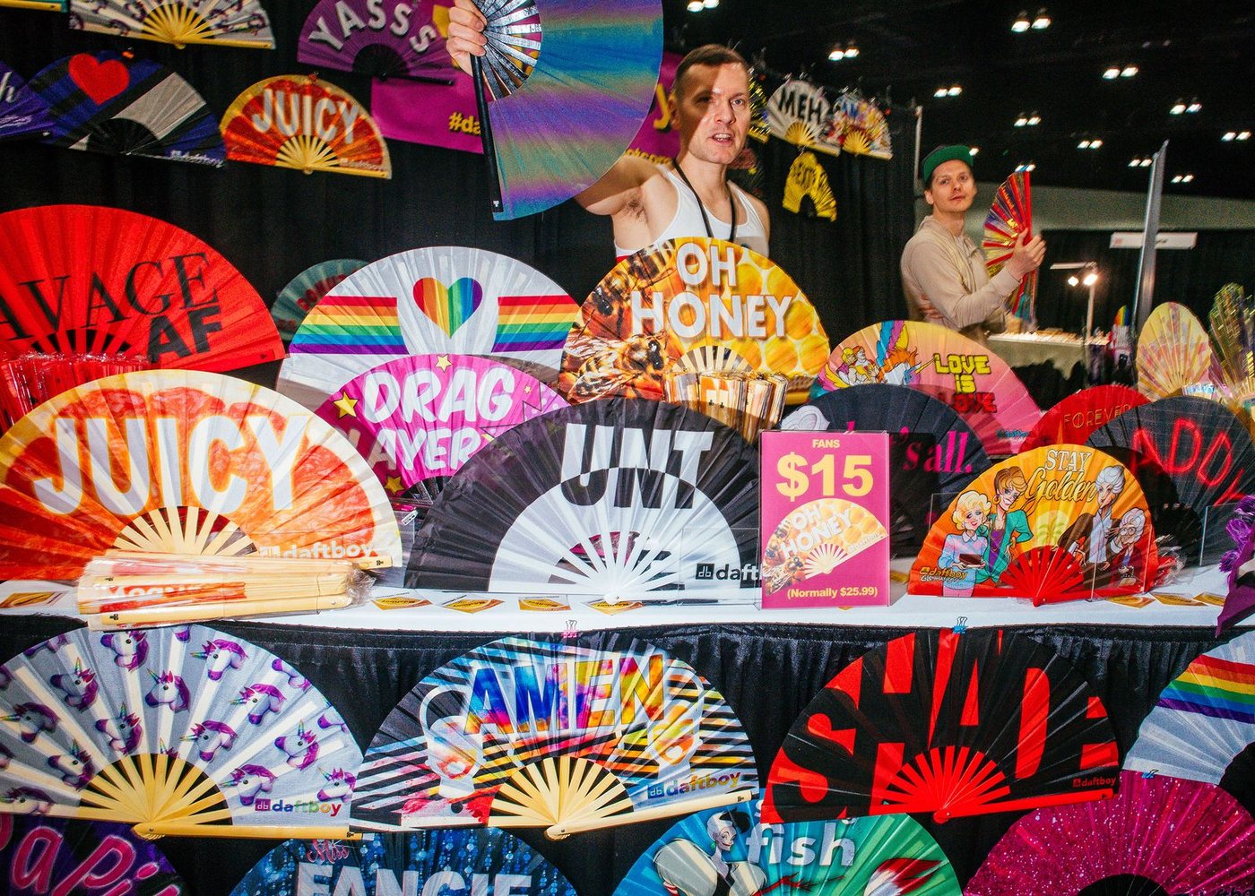 A wall of Daftboy custom clack fans at RuPaul's DragCon