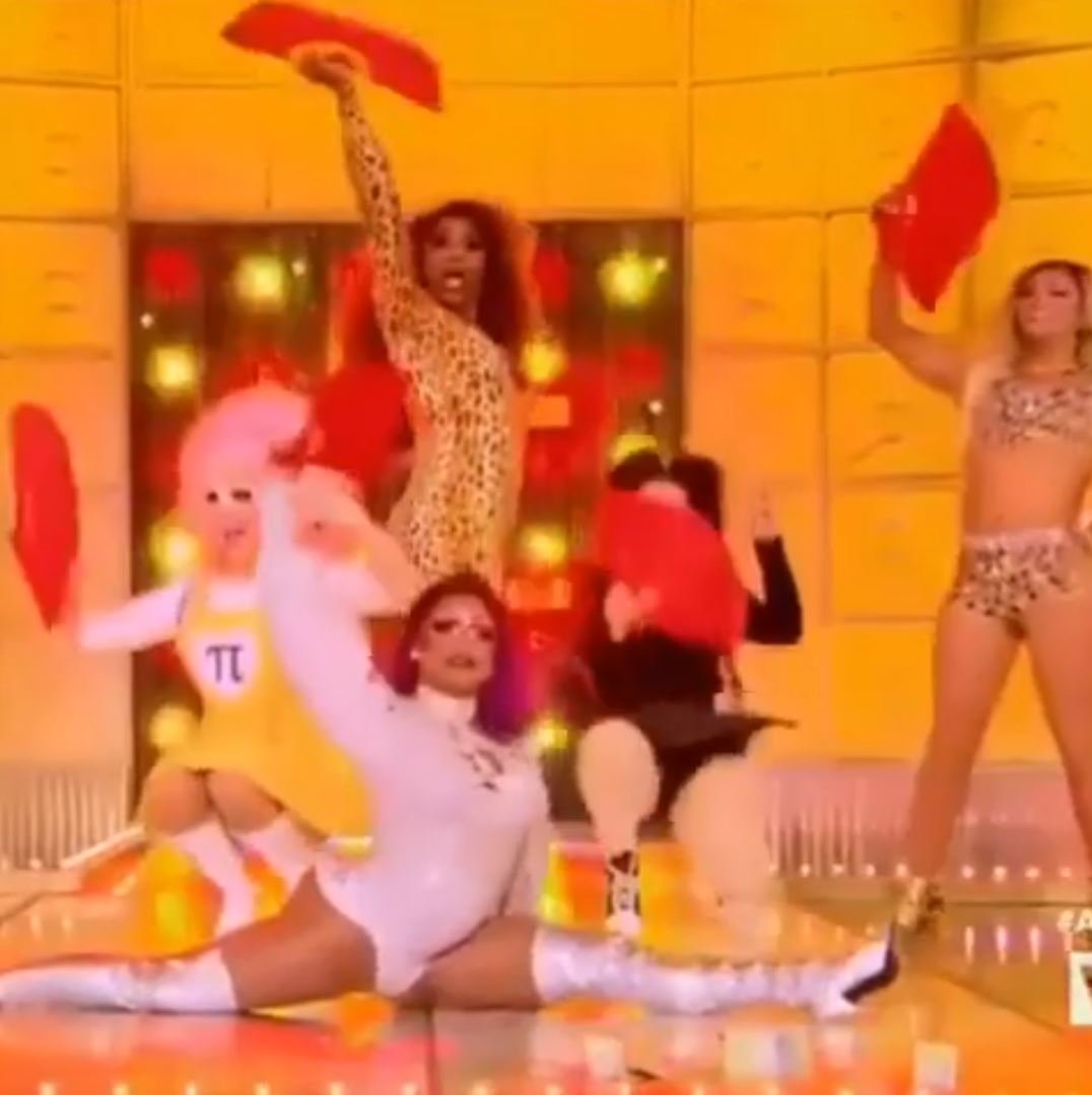 Queens performing with Daftboy fans on the RuPaul's Drag Race stage