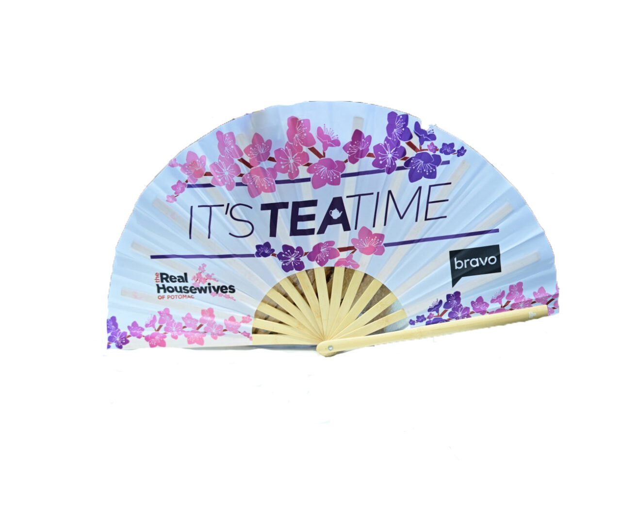 The custom Daftboy It's Tea Time fan made for Bravo's Real Housewives of Potomac