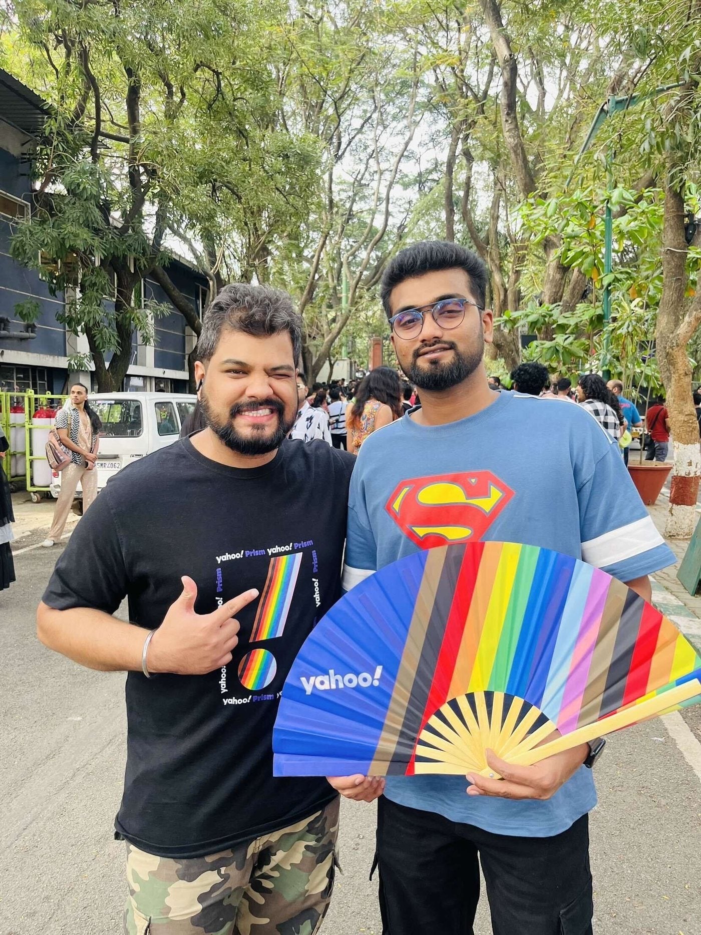 Yahoo employees at Pride holding custom Daftboy fans