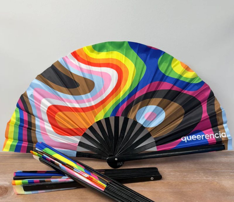 A custom Daftboy rainbow Pride fan